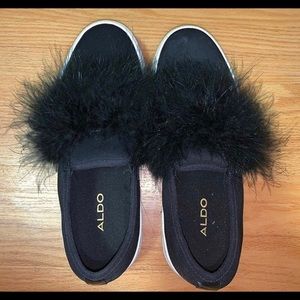 ALDO black furry slip ons